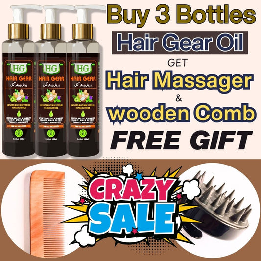 Buy 3 Hair Gear Hair Oil Bottles and Get 30% Discount and One Massager + Comb As Free Gift